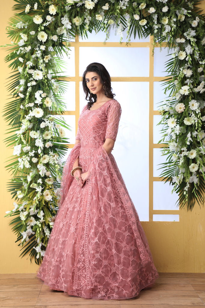 Unique Dusty Peach Colored Party Wear Embroidered Net Gown With Dupatta ClothsVilla