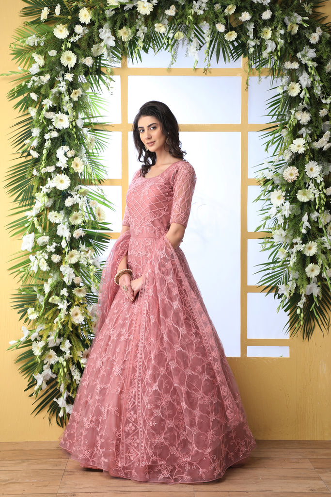 Unique Dusty Peach Colored Party Wear Embroidered Net Gown W Unique Dusty Peach Colored Party Wear Embroidered Net Gown W