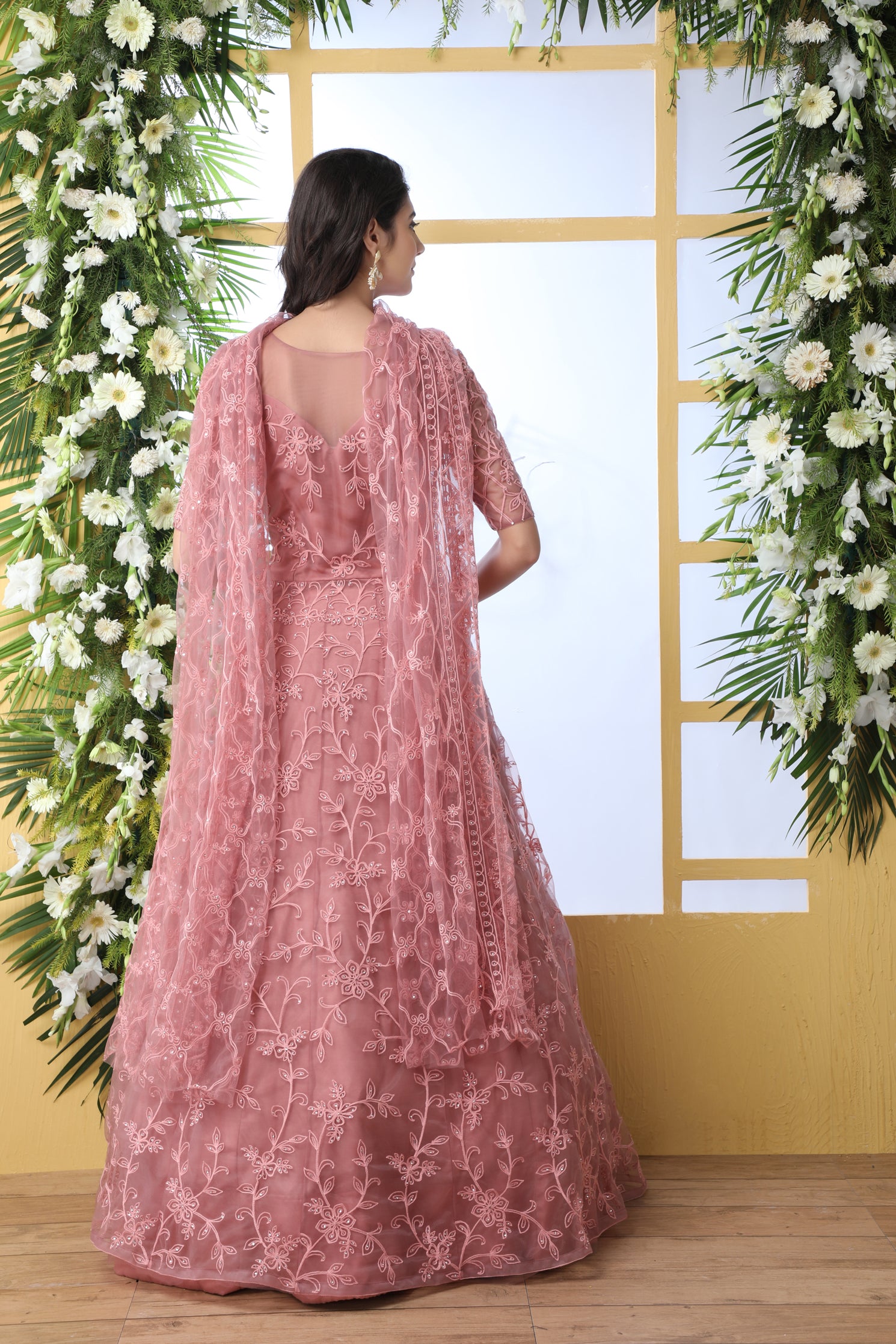 Unique Dusty Peach Colored Party Wear Embroidered Net Gown With Dupatta ClothsVilla