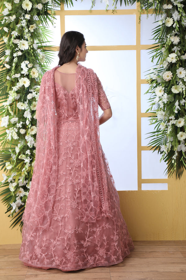 Unique Dusty Peach Colored Party Wear Embroidered Net Gown With Dupatta ClothsVilla
