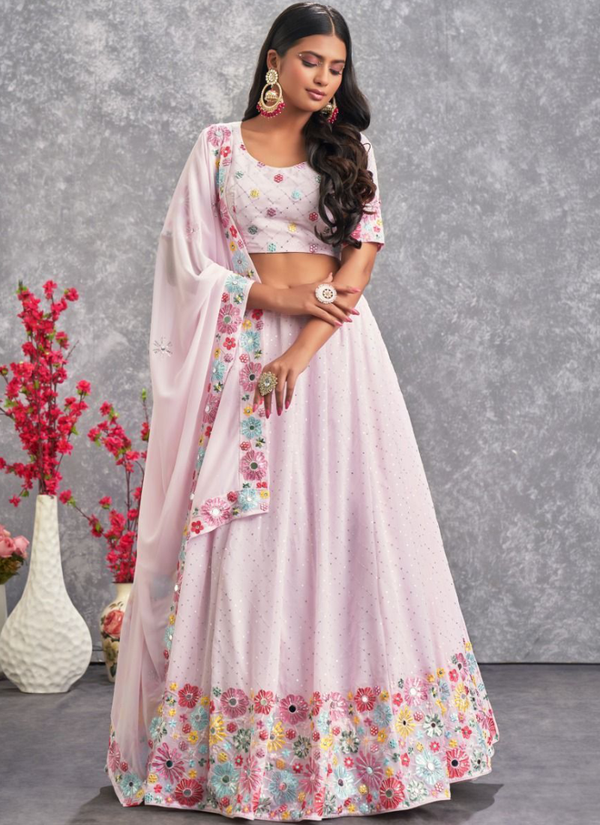 Unique Light Pink Embroidery Georgette Lehenga Choli ClothsVilla