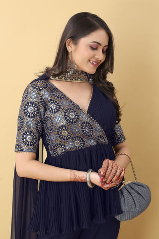 Unique Navy Blue Color Work With Pleated Sharara Set Clothsvilla