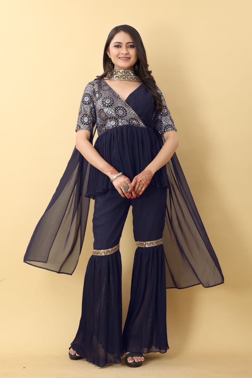 Unique Navy Blue Color Work With Pleated Sharara Set Clothsvilla Main image