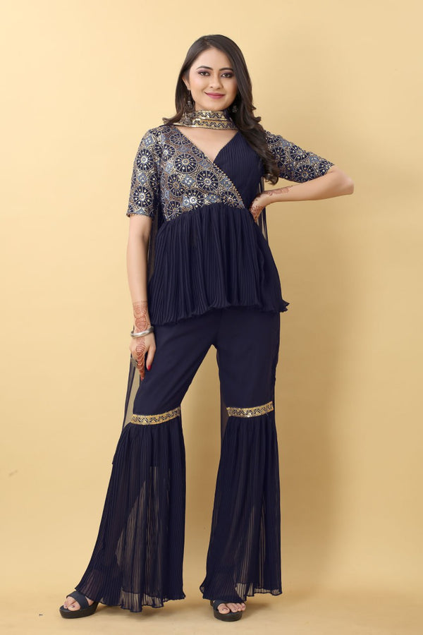Unique Navy Blue Color Work With Pleated Sharara Set Clothsvilla