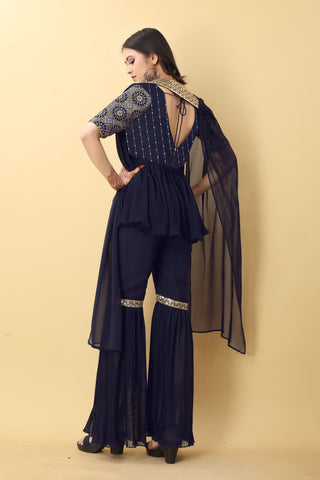 Unique Navy Blue Color Work With Pleated Sharara Set Clothsvilla