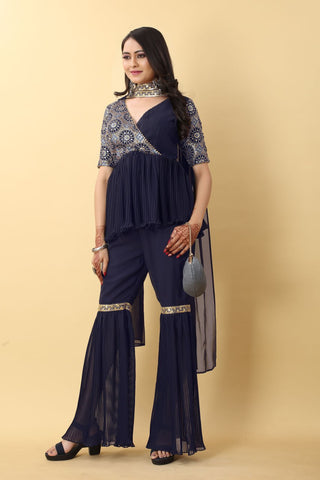 Unique Navy Blue Color Work With Pleated Sharara Set Clothsvilla