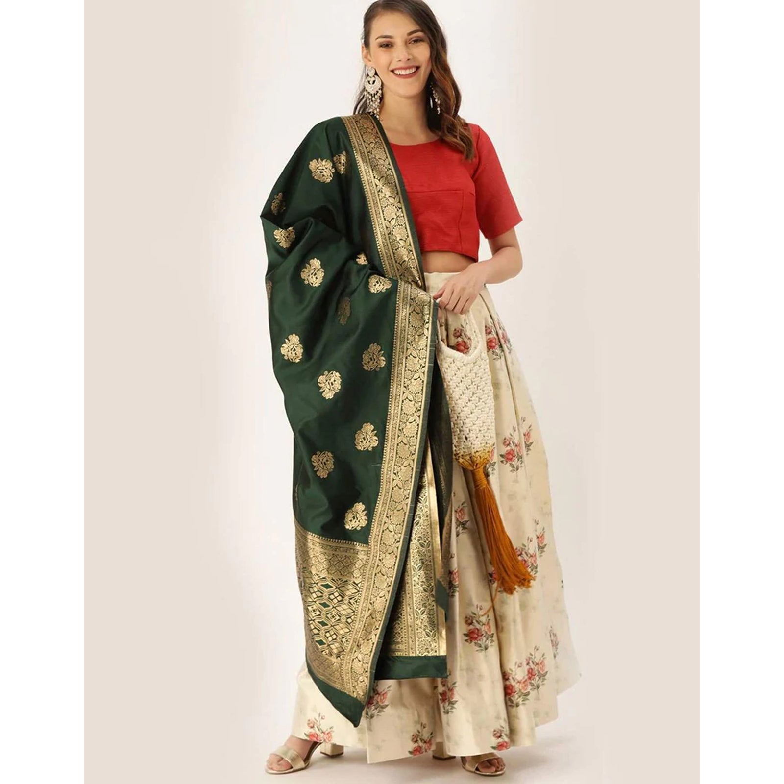 Floral Design Off White Lehenga With Banarasi Silk Dupatta ClothsVilla