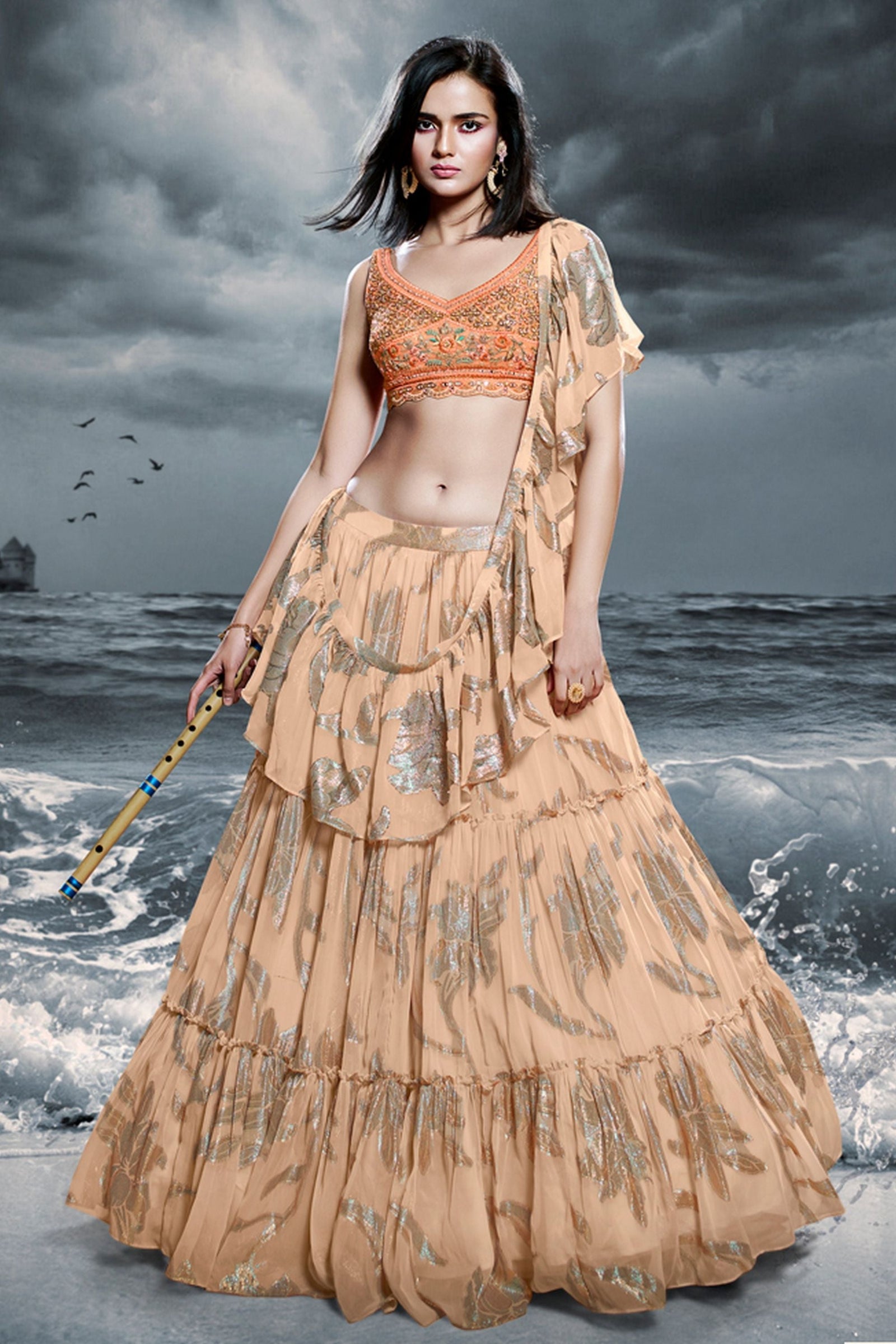 Beige Art Silk Ruffle Lehenga Choli For Indian Festivals & Weddings - Print Work, Thread Embroidery Work, Handwork Work Clothsvilla
