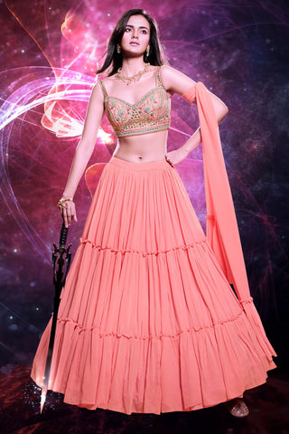 Pink Georgette Ruffle Lehenga Choli For Indian Festivals & Weddings - Thread Embroidery Work, Handwork Work Clothsvilla