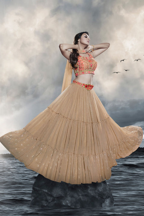 Beige Art Silk Ruffle Lehenga Choli For Indian Festivals & Weddings - Thread Embroidery Work, Handwork Work Clothsvilla Main image