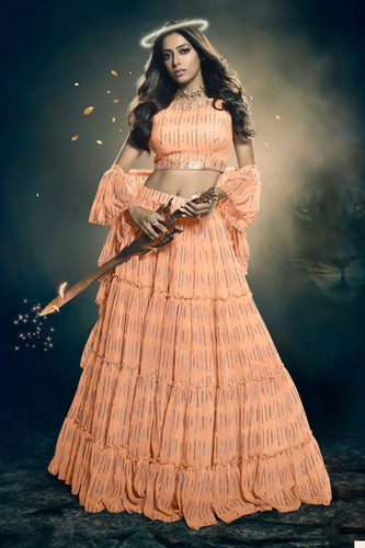 Orange Art Silk Ruffle Lehenga Choli For Indian Festivals & Weddings - Sequence Embroidery Work, Handwork Work Clothsvilla