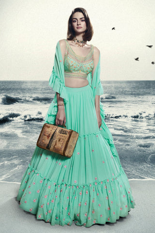 Blue Georgette Ruffle Lehenga Choli For Indian Festivals & Weddings - Thread Embroidery Work, Handwork Work Clothsvilla