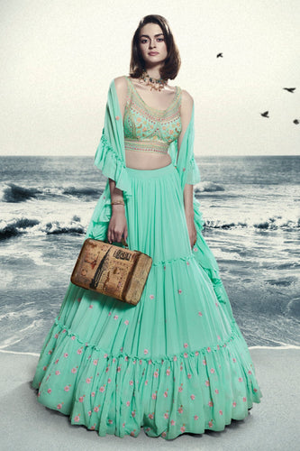 Blue Georgette Ruffle Lehenga Choli For Indian Festivals & Weddings - Thread Embroidery Work, Handwork Work Clothsvilla