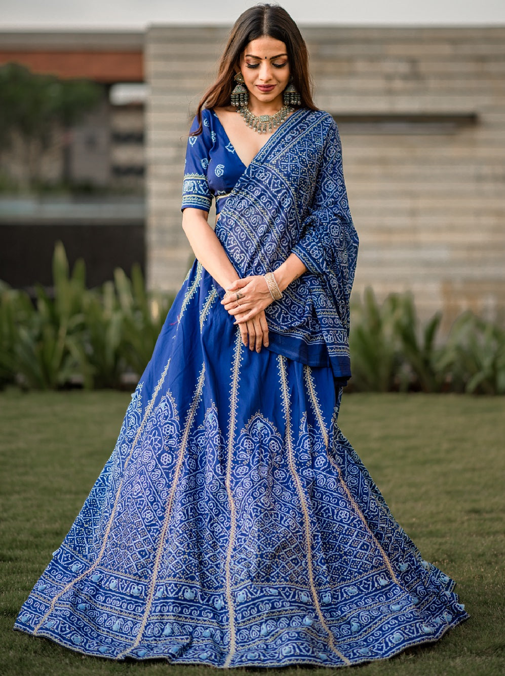 Navy Blue Color Bandhani Printed Vaishali Silk Lehenga With Blouse And Dupatta Clothsvilla