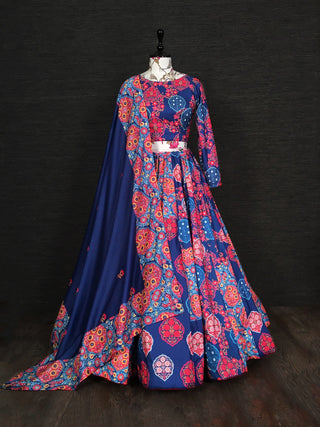 Navy Blue Color Printed Vaishali Silk Heavy Lehenga Choli With Muslin Dupatta Clothsvilla
