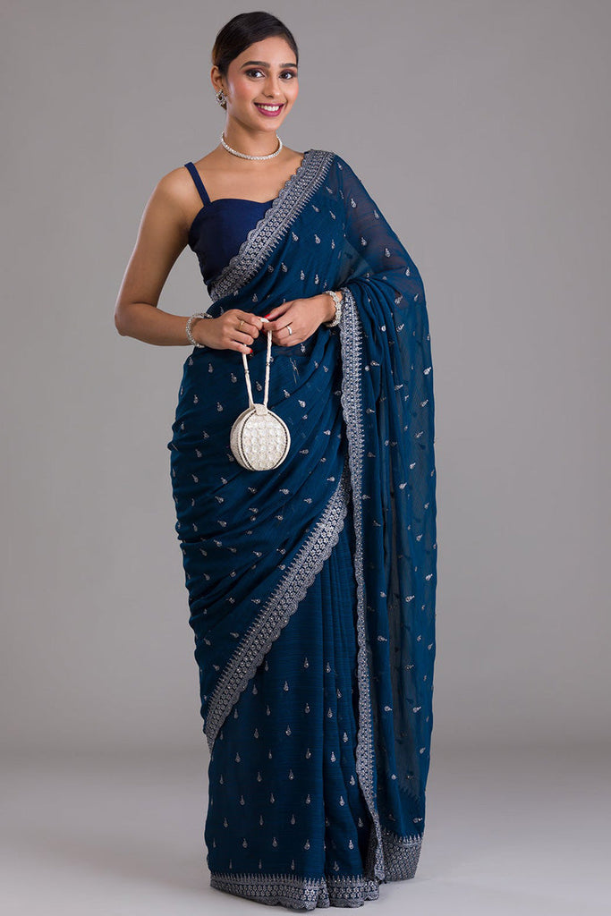 Chinon Fabric Tempting Sequins Work Saree In Navy Blue Color Clothsvilla
