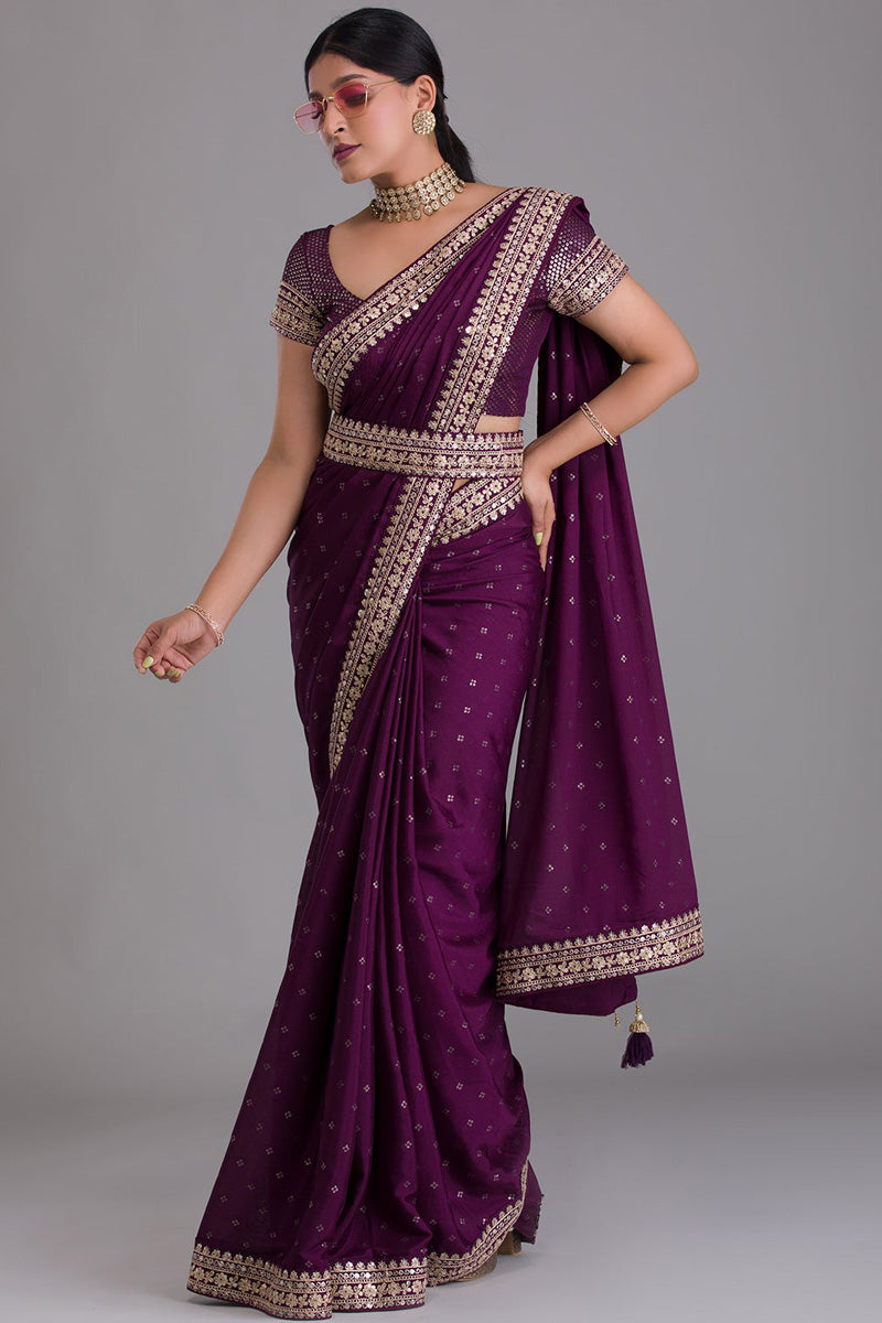 Wine Color Wonderful Sequins Work Saree In Art Silk Fabric Clothsvilla Main image