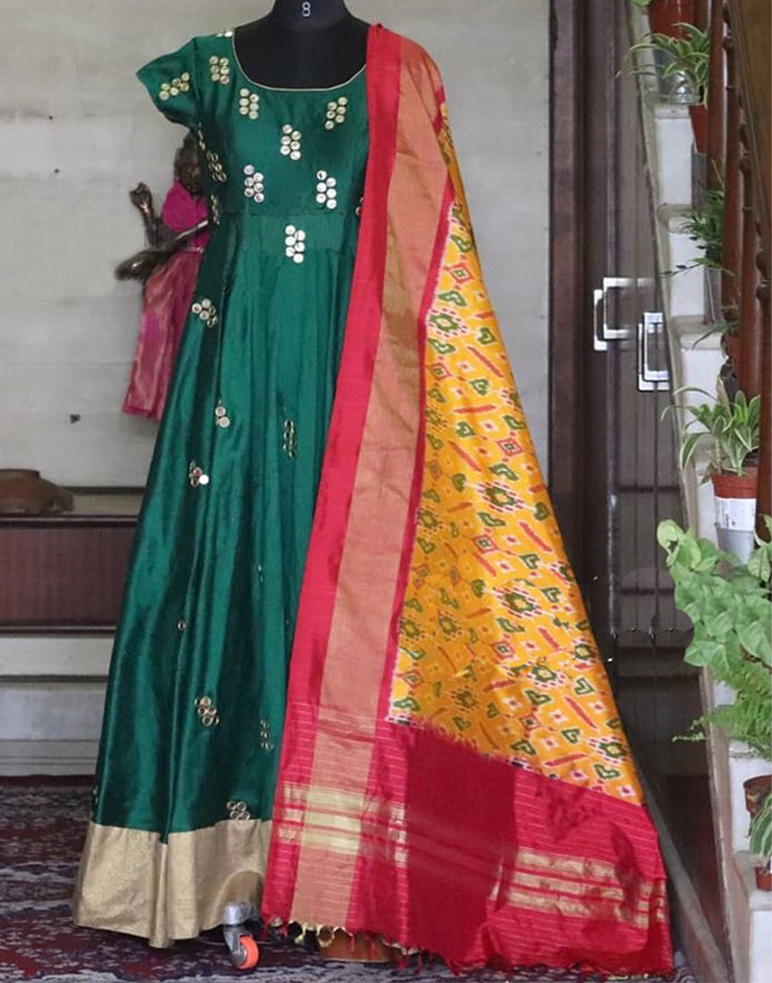 Adorable Mirror Embroidered Anarkali Gown with Silk Dupatta ClothsVilla Main image