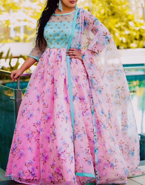 Digital Printed Designer Wear Embroidered Long Tussar Silk Gown Along with Printed Dupatta ClothsVilla Main image
