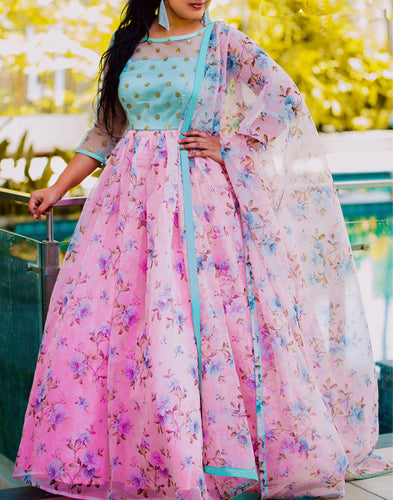 Digital Printed Designer Wear Embroidered Long Tussar Silk Gown Along with Printed Dupatta ClothsVilla