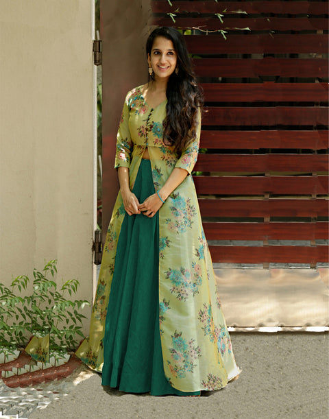 Cute Designer Wear Indo-Western Style Skirt and Floral Printed Tissue Silk Outfit ClothsVilla Main image
