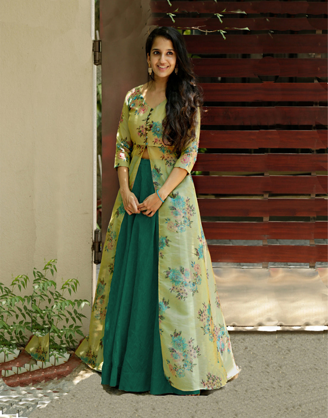Cute Designer Wear Indo-Western Style Skirt and Floral Printed Tissue Silk Outfit ClothsVilla