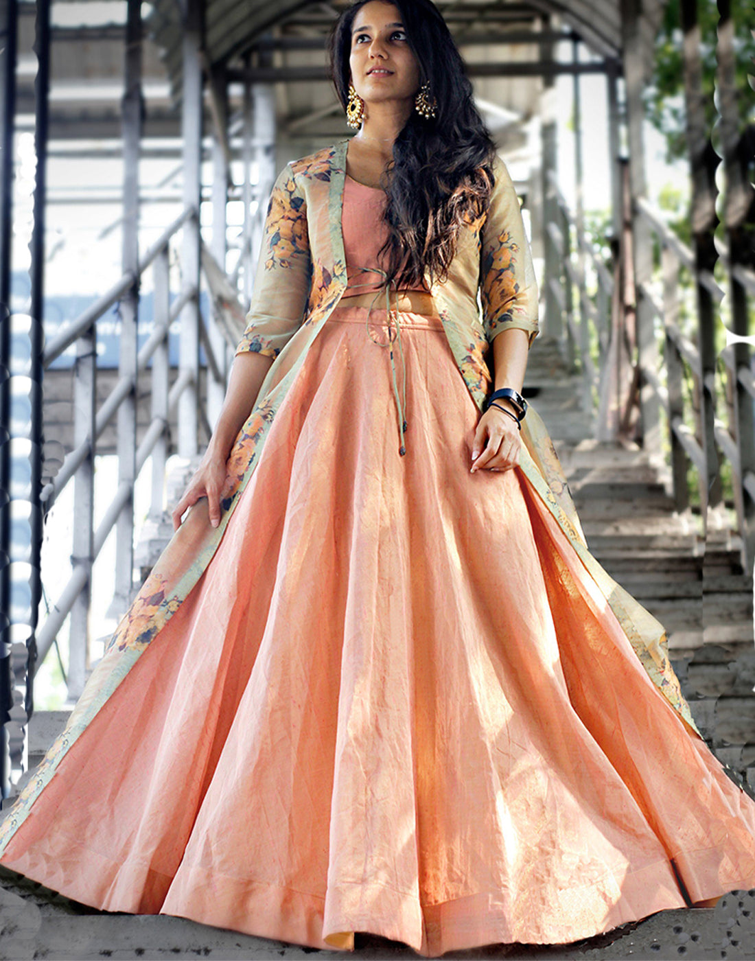 Designer Peach Party Wear Lehenga Choli Along with Tissue Silk Floral Printed Shrugs ClothsVilla Main image