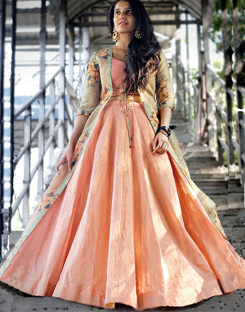 Designer Peach Party Wear Lehenga Choli Along with Tissue Silk Floral Printed Shrugs ClothsVilla
