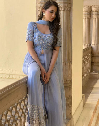 Impressive Designer Embroidered and Handwork Front Cut Designer Wear Outfit Along with Palazzo and Dupatta ClothsVilla