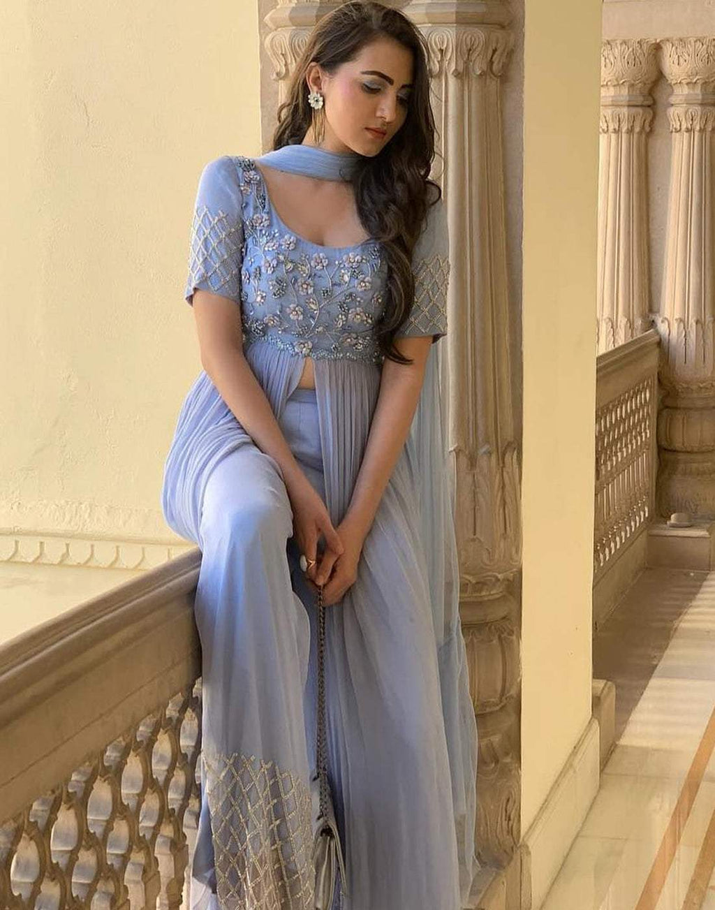 Impressive Designer Embroidered and Handwork Front Cut Designer Wear Outfit Along with Palazzo and Dupatta ClothsVilla