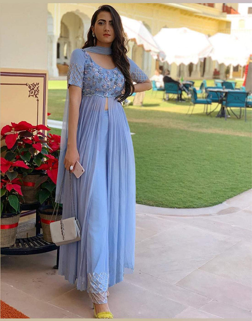 Buy Designer Embroidered and Handwork Front Cut Designer Wear Heavy  Georgette Deep Neck 3/4 Sleeve A-Line Plazzo Suit (S) Aqua Blue at Amazon.in