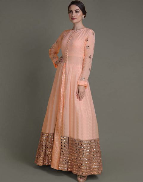 Designer Peach Jacket Lehenga with Mirror Abla Work Along with Weaving Work Skirts ClothsVilla Main image