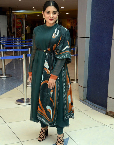 Magnetic Green Colored Partywear Stitched Faux Georgette Churidar Suit ClothsVilla