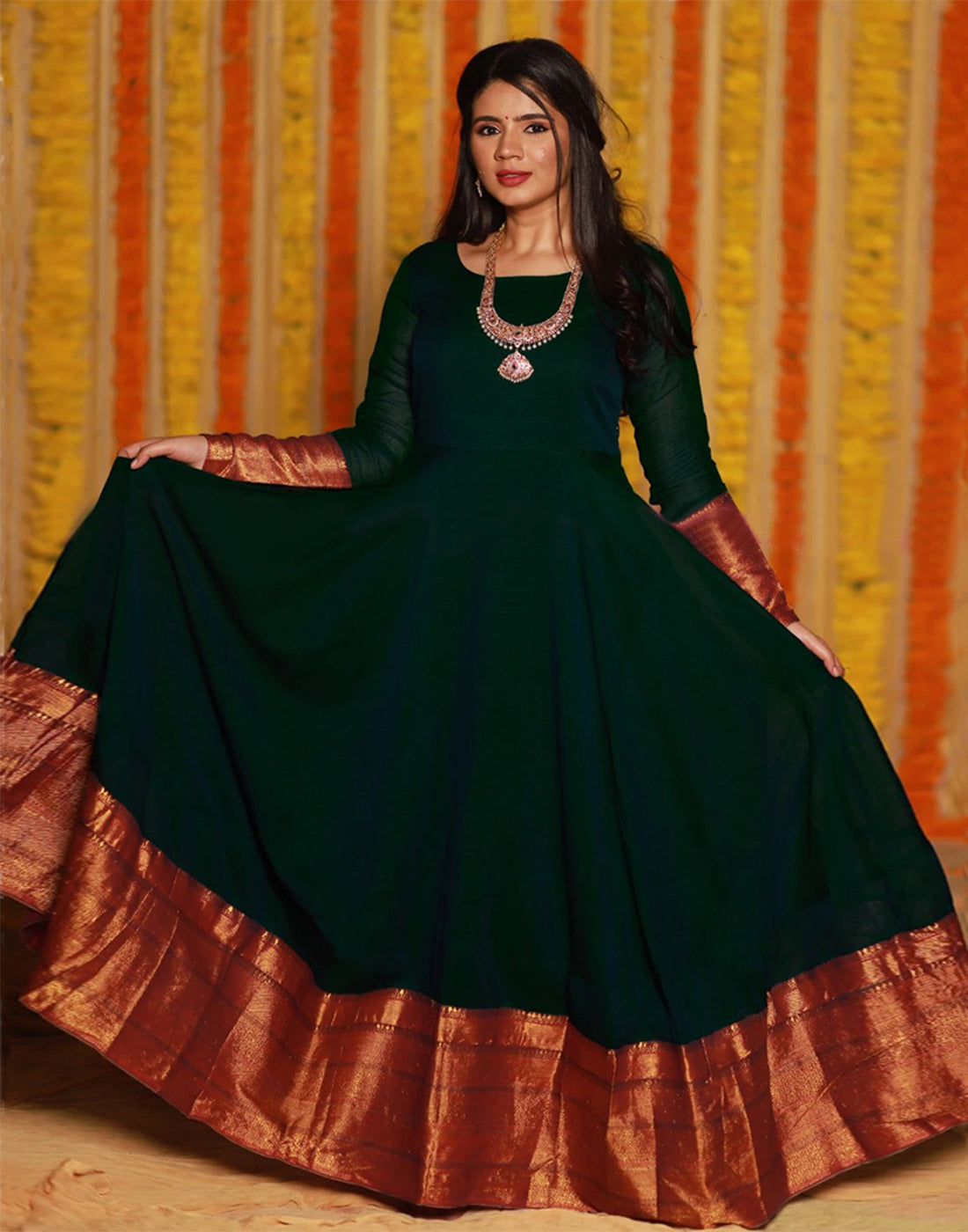 Refreshing Dark Green Colored Party Wear Woven Georgette Gown ClothsVilla