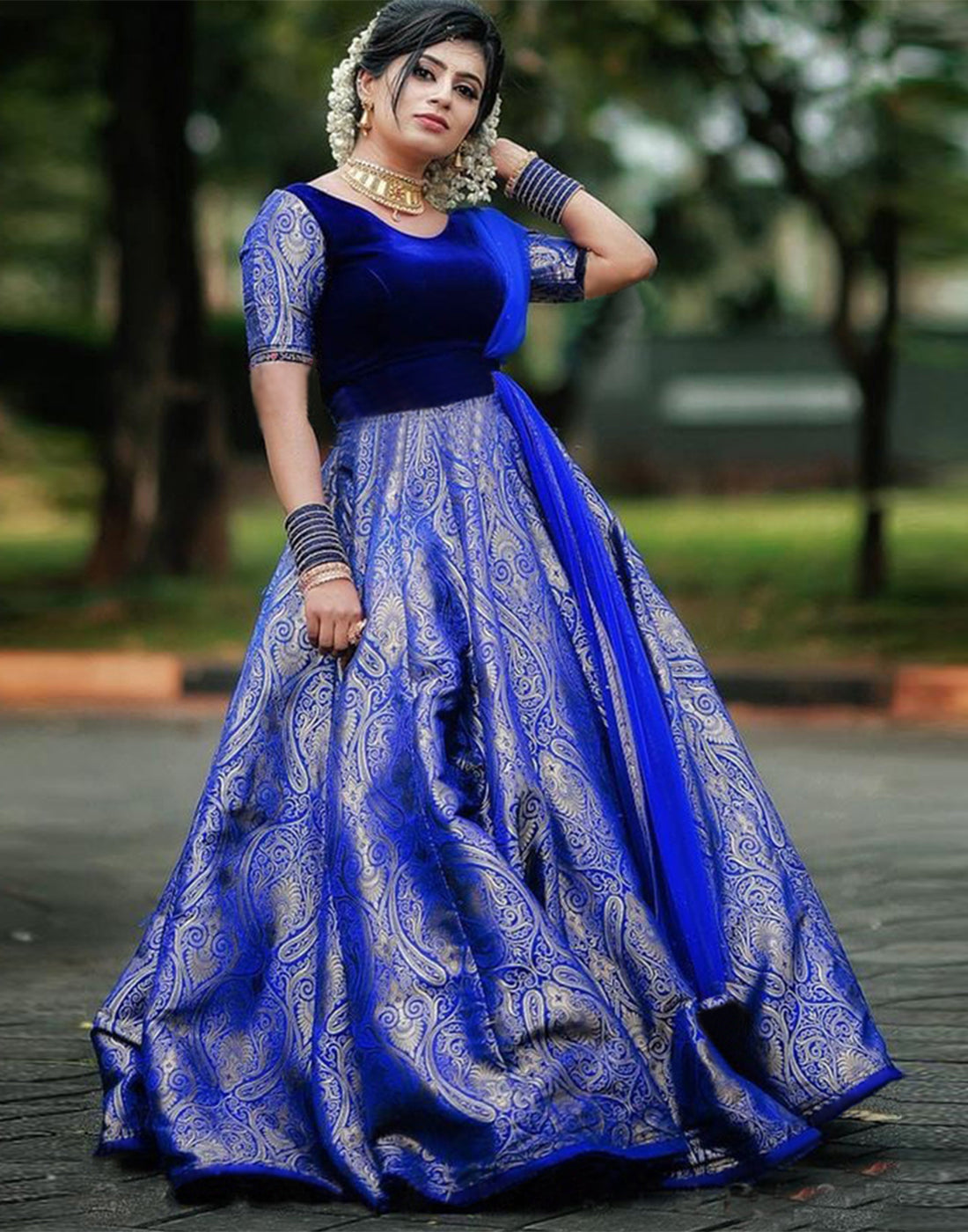 Royal Blue Colored Party Wear Velvet and Jacquard Silk Long Gown Royal Blue Colored Party Wear Velvet and Jacquard Silk Long Gown