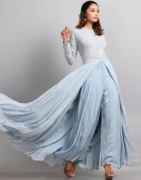 Emerald Sky Blue Palazzo Suit Set with Center Slit Adorn in Thread Embroidery ClothsVilla Main image
