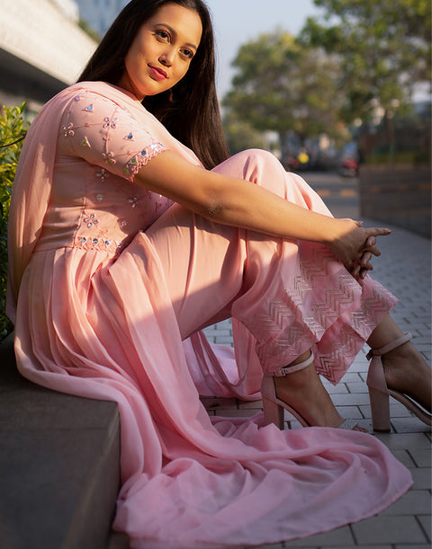 Imposing Embroidered Foil Mirror Work Front Slit Designer Wear Outfit Along with Palazzo and Dupatta ClothsVilla Main image