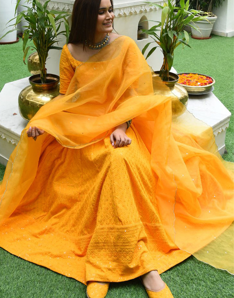 Yellow Designer Anarkali Gown in Cotton with Lucknowi Chikankari Embroidery Work ClothsVilla