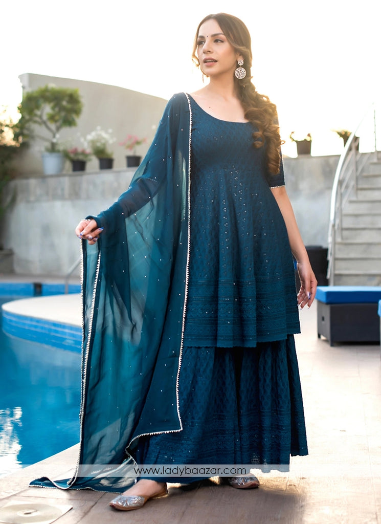 Turquois Blue Cotton Sharara with Lucknowi Chikankari Embroidery Work ClothsVilla