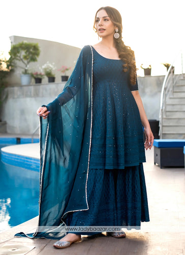 Turquois Blue Cotton Sharara with Lucknowi Chikankari Embroidery Work ClothsVilla