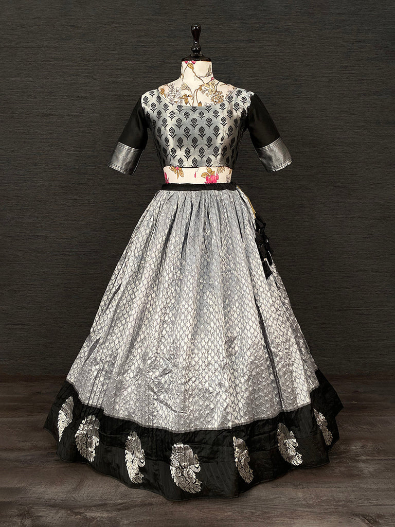 Black Color Weaving Zari Work Jacquard Silk Lehenga Choli With Net Dupatta Clothsvilla