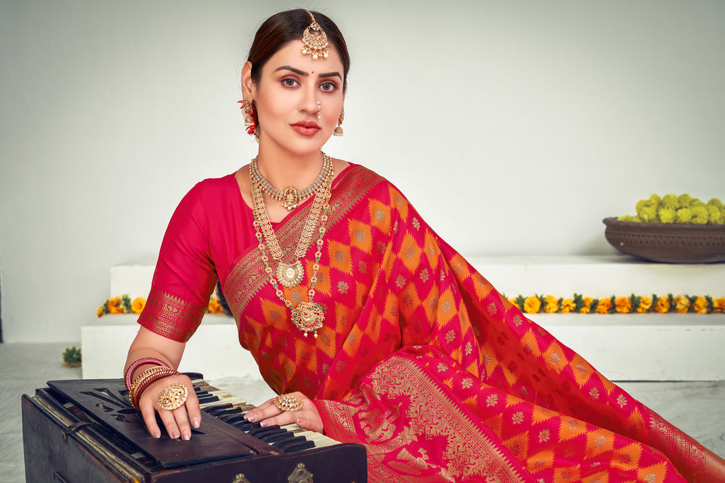 Weaving Work Puja Wear Designer Saree In Pink Color Art Silk Fabric ClothsVilla