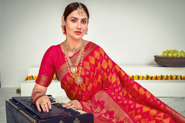 Weaving Work Puja Wear Designer Saree In Pink Color Art Silk Fabric ClothsVilla