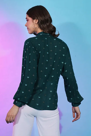 Western Style Green Viscose Rayon Self Design Collar Pattern Top ClothsVilla.com
