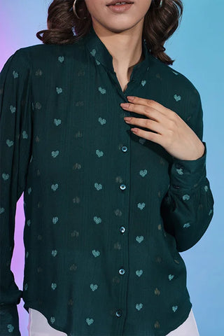 Western Style Green Viscose Rayon Self Design Collar Pattern Top ClothsVilla.com