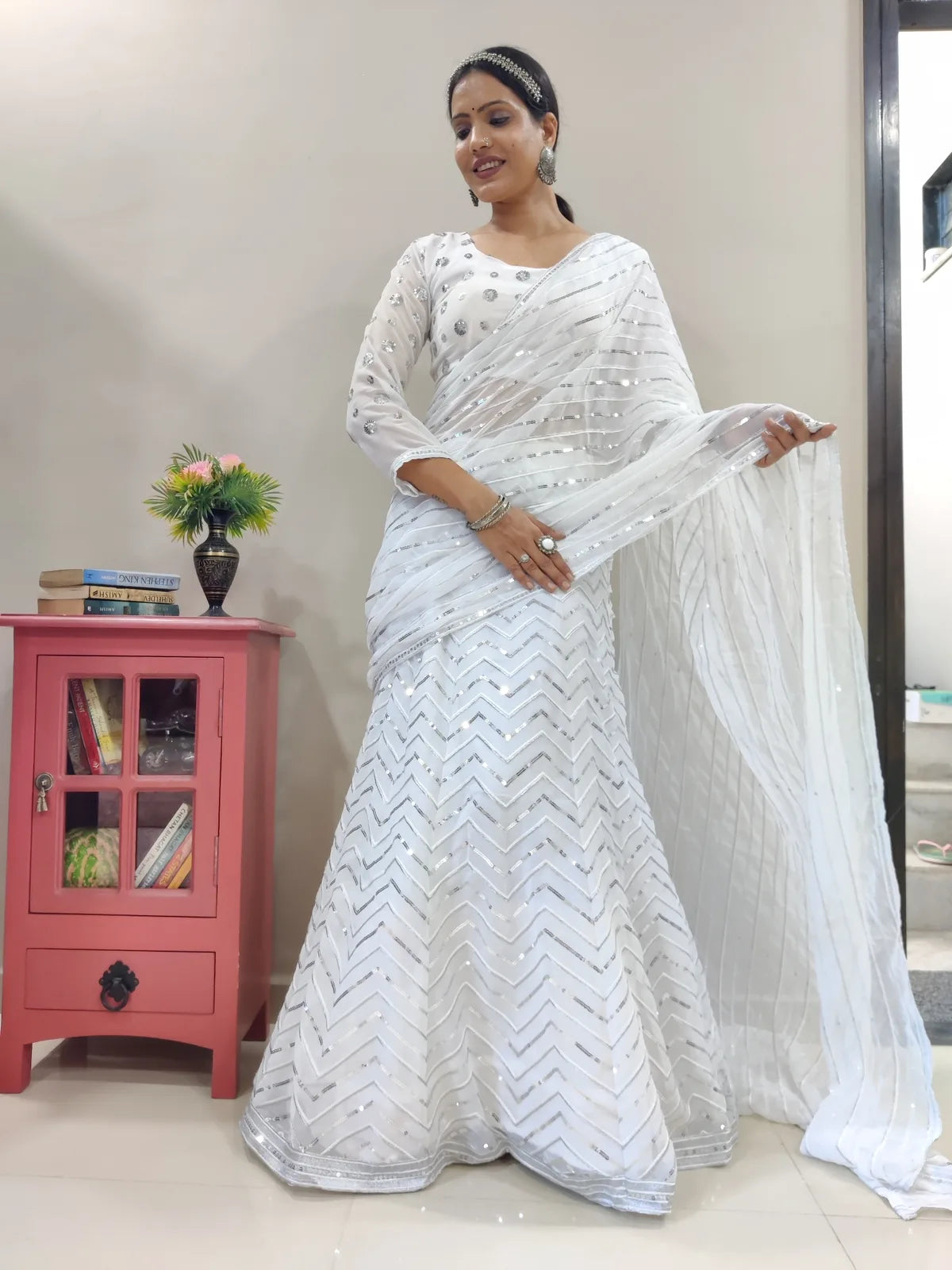 White Lehenga Saree in Georgette With Sequence Work Clothsvilla