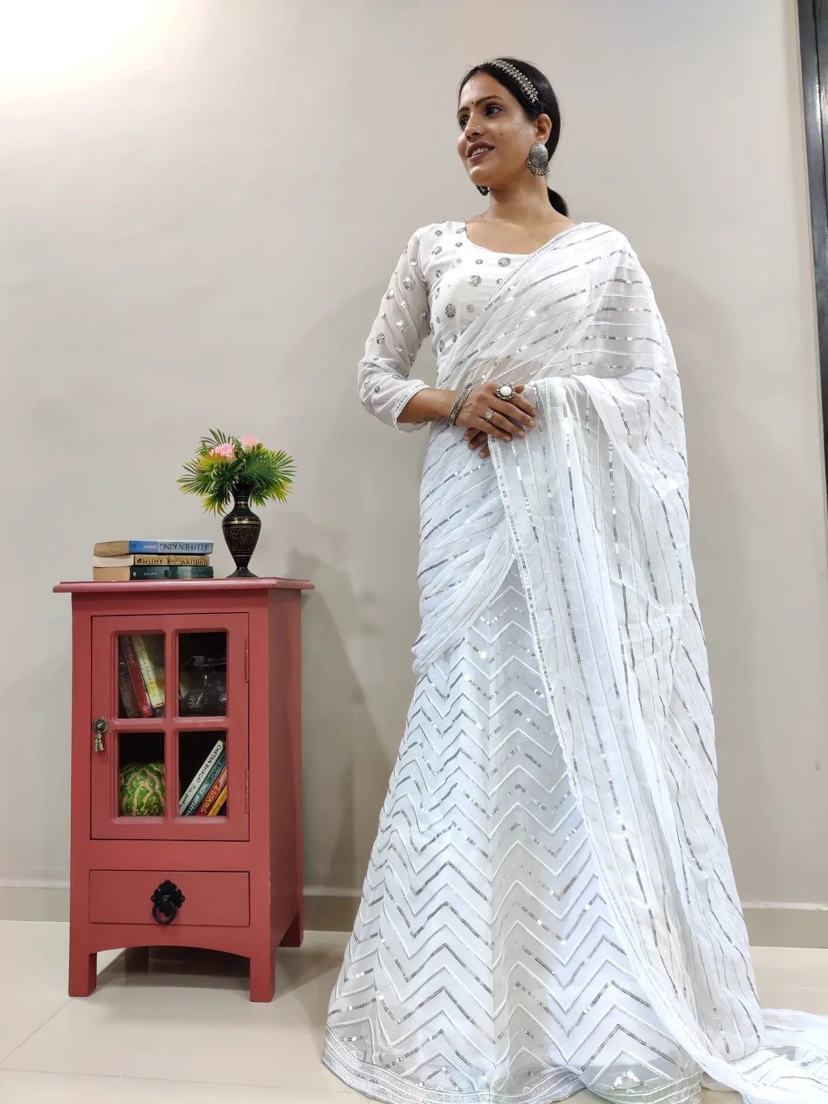 White Lehenga Saree in Georgette With Sequence Work Clothsvilla