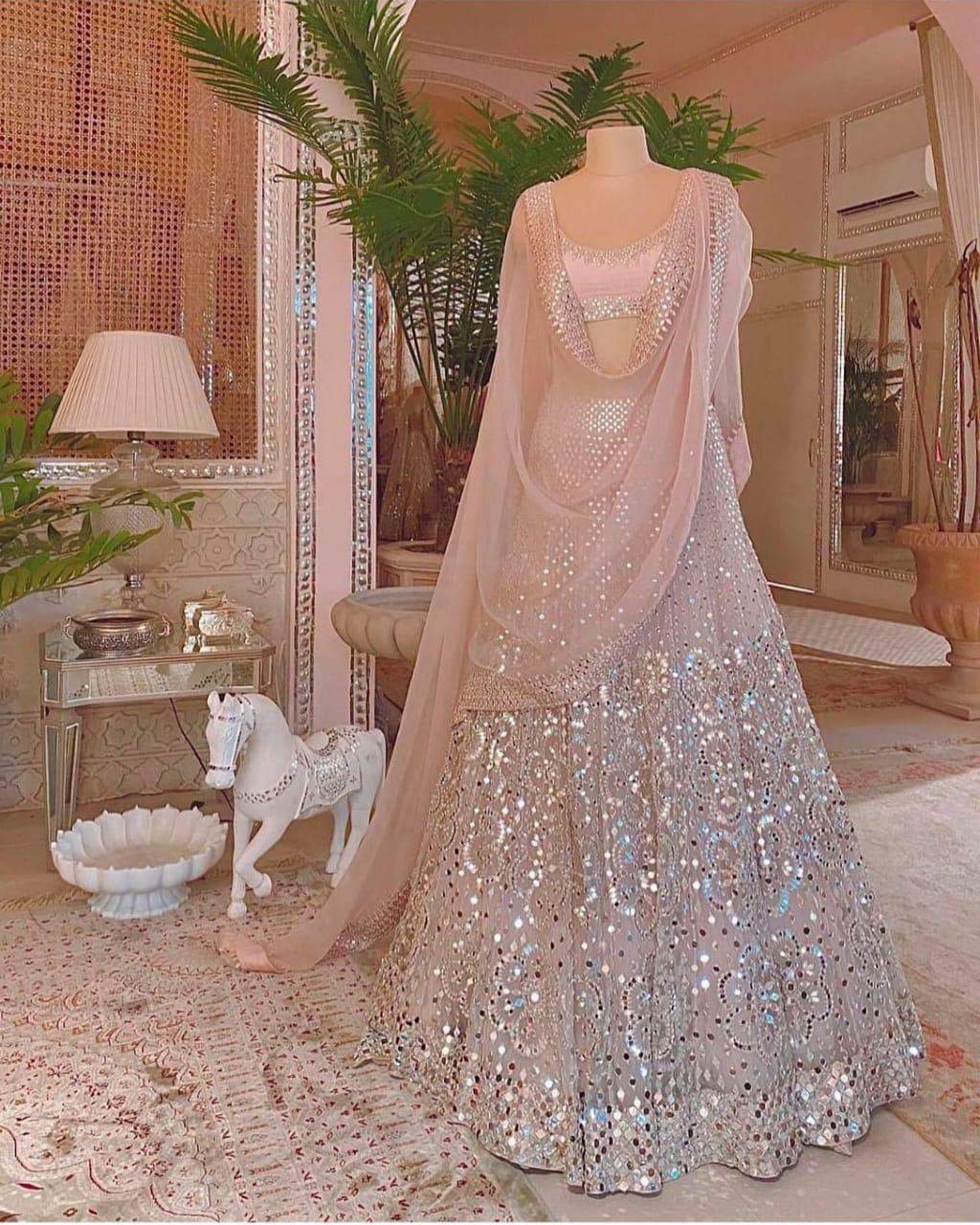 Heavy Lehenga Choli in Organza Silk Light Peach Color for Wedding ClothsVilla