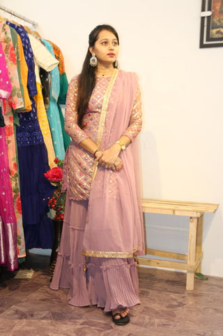 Designer Foil Mirror Work Peach Color Sharara Suit