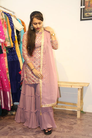 Designer Foil Mirror Work Peach Color Sharara Suit